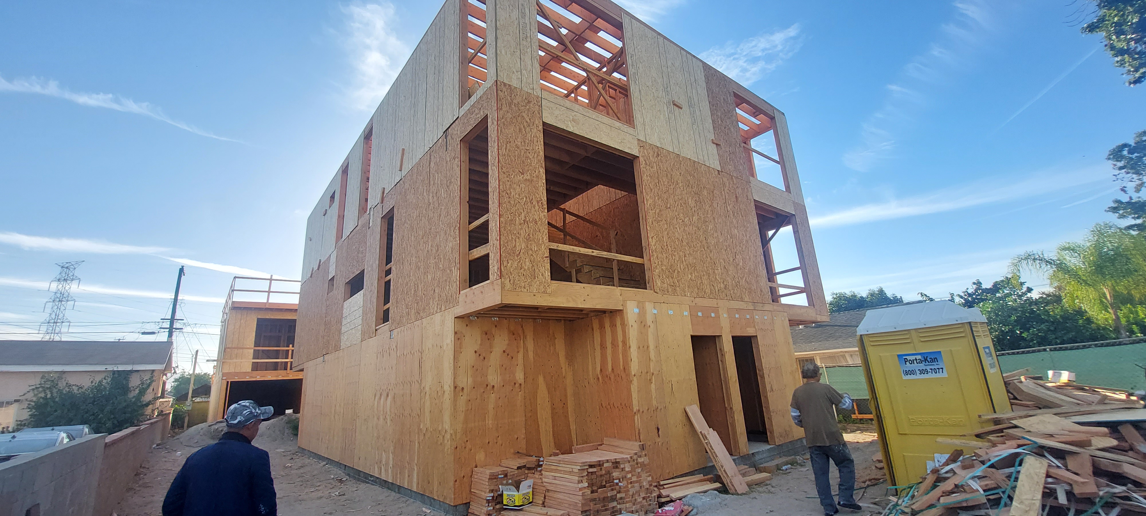Two-story residential wood framing under construction in the Los Angeles area